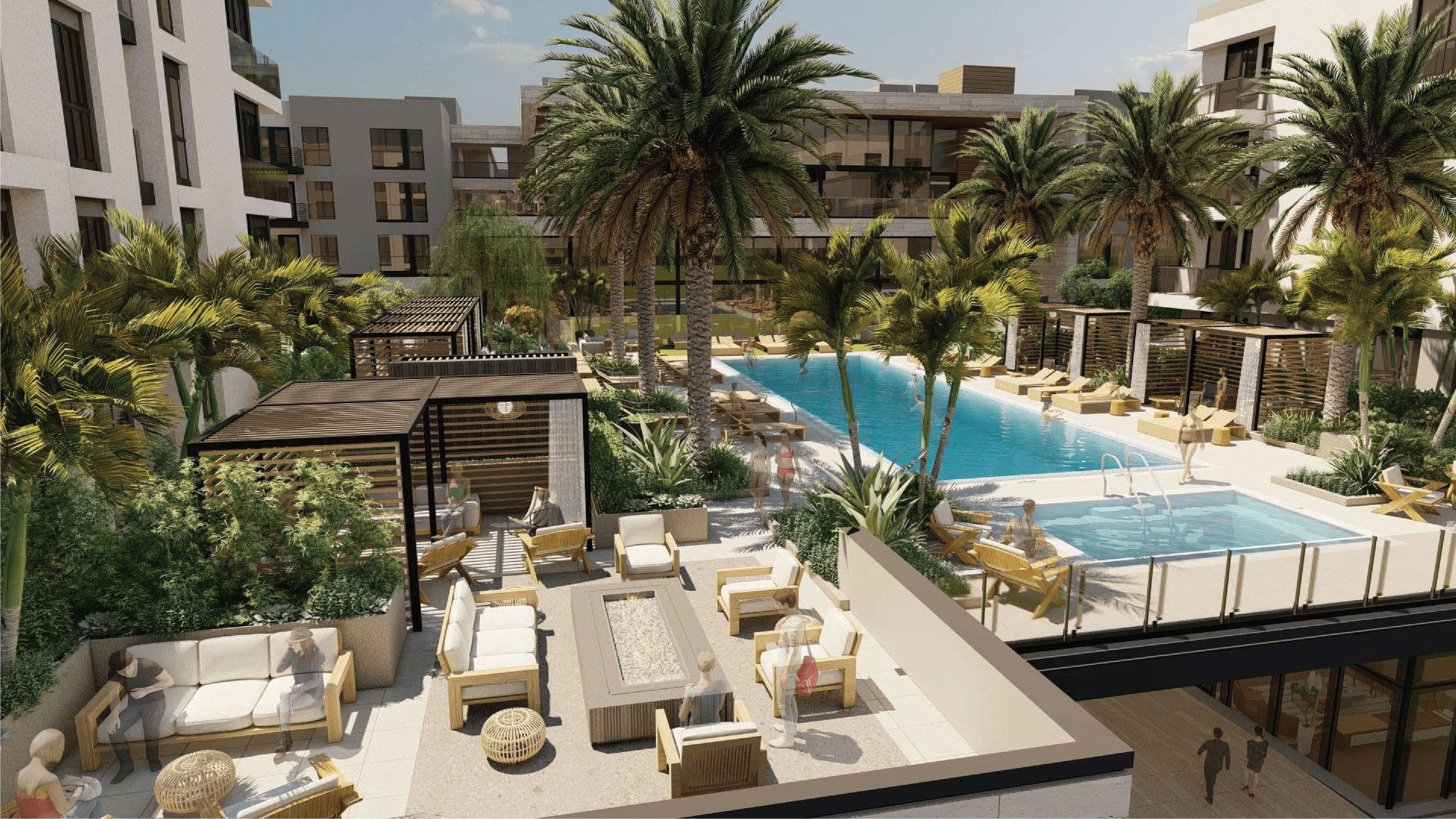 A poolside area with sun loungers and a wooden pergola.